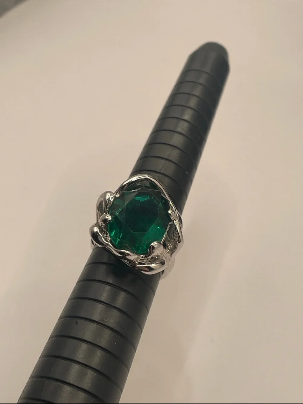 Sterling-Inspired Silver Ring with Emerald Green Gemstone