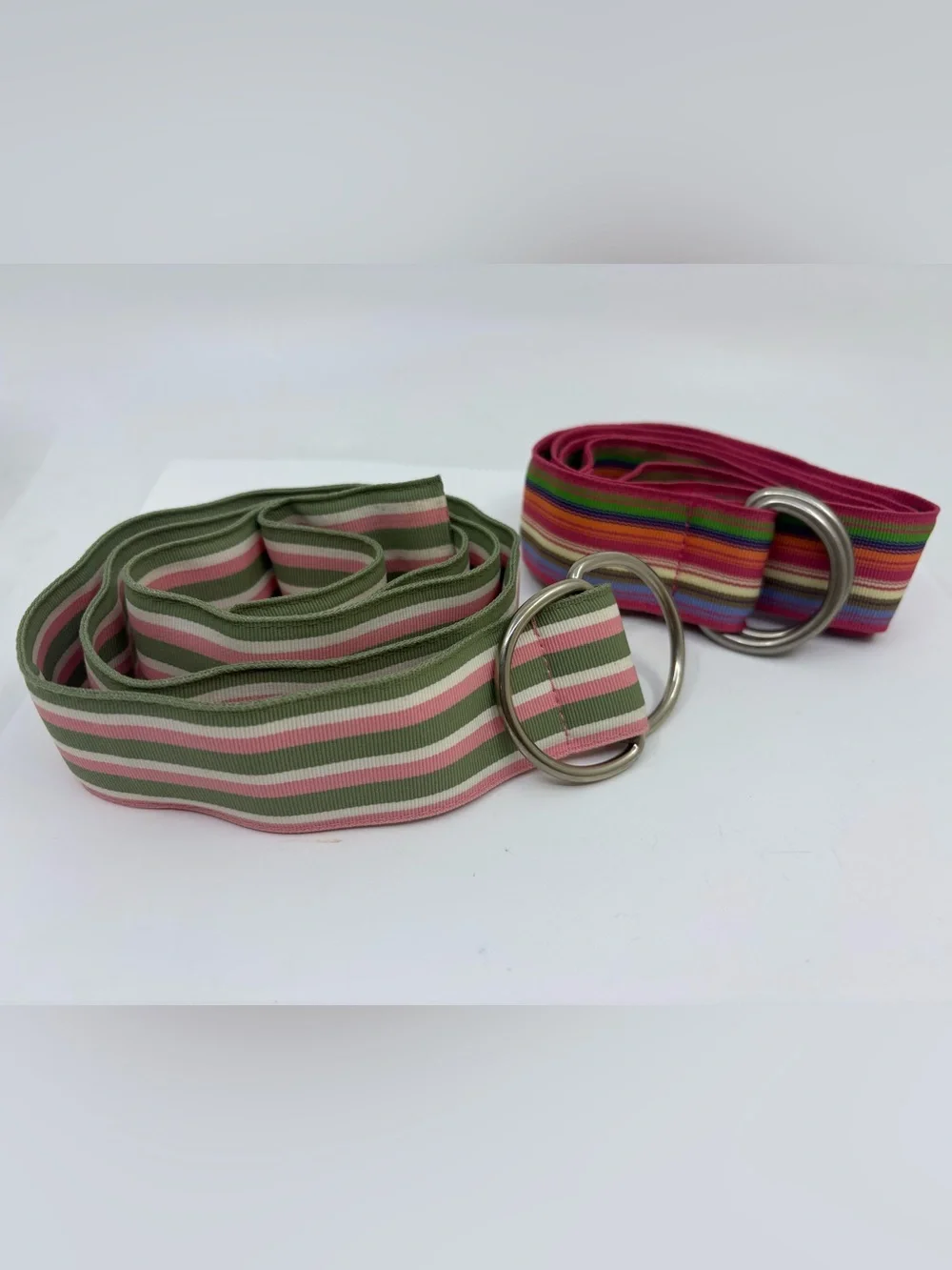 Striped Double-Ring Fabric Belt - Pink & Olive Green