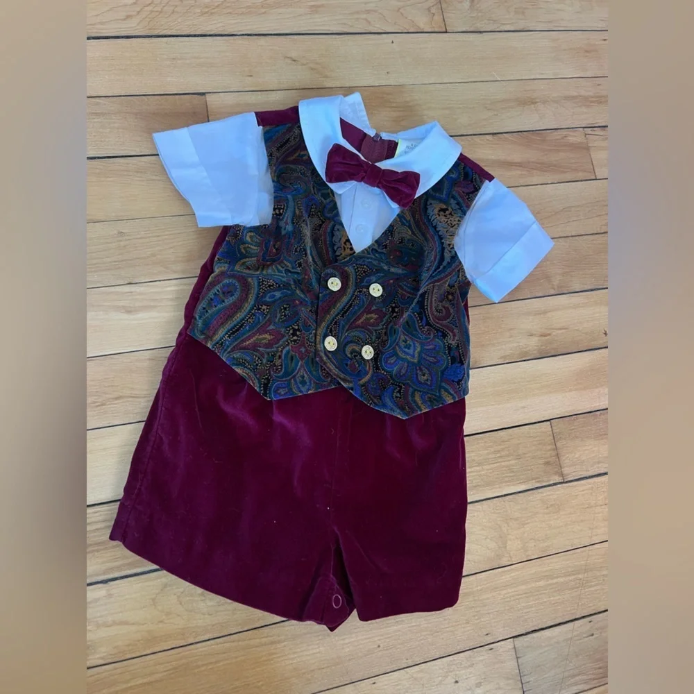 Vintage baby boy holiday one piece outfit‎ paisley print top red bow velour