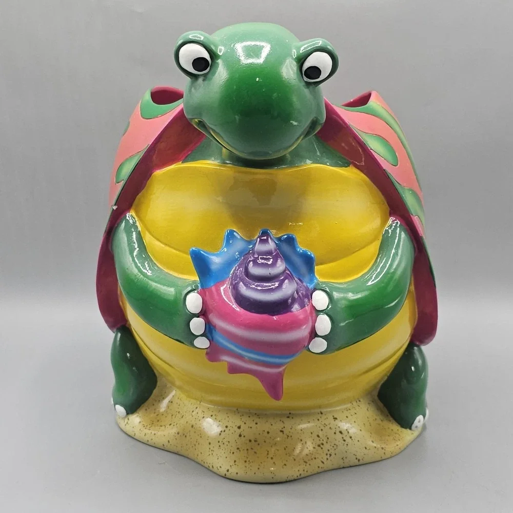 Vintage Van Pelt Turtle Time Ceramic Bathroom WasteBasket Can Tropical Trippy