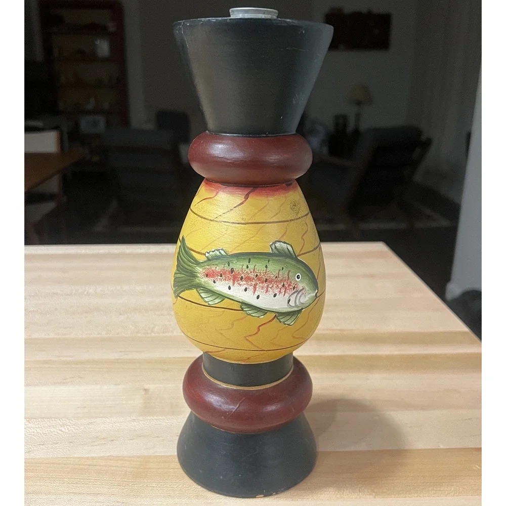 Whimsical Hand-Painted Pillar Candle Holder, Fish, Philippines, Wood,‎ Cracked