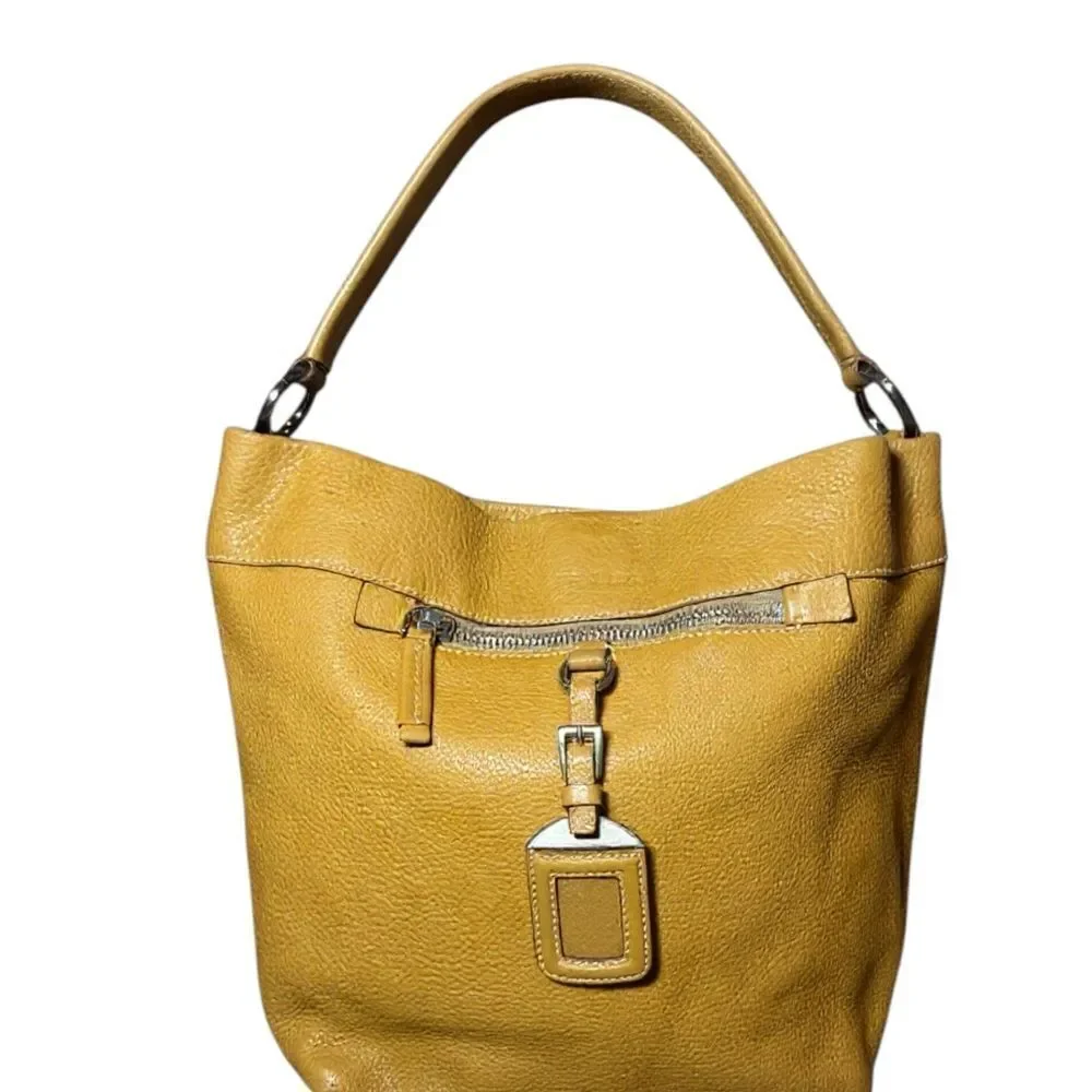 PRADA Caramel Brown Vitello Daino Leather Bucket Bag Luggage Tag Auth