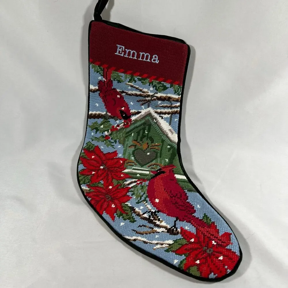 Lands' End Needlepoint Christmas 18” Stocking “Emma” Cardinals Poinsettias Snow