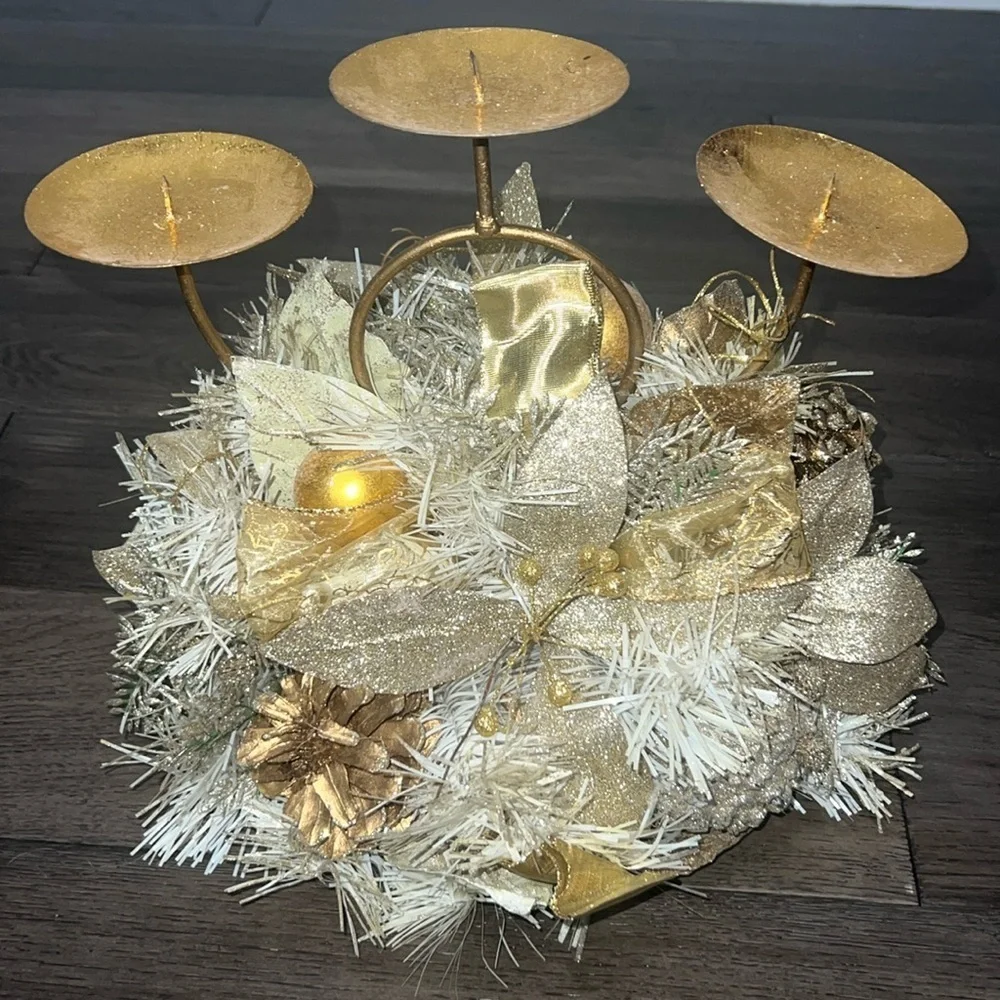 Gold Holiday three tier candle holder with glitter and ribbon