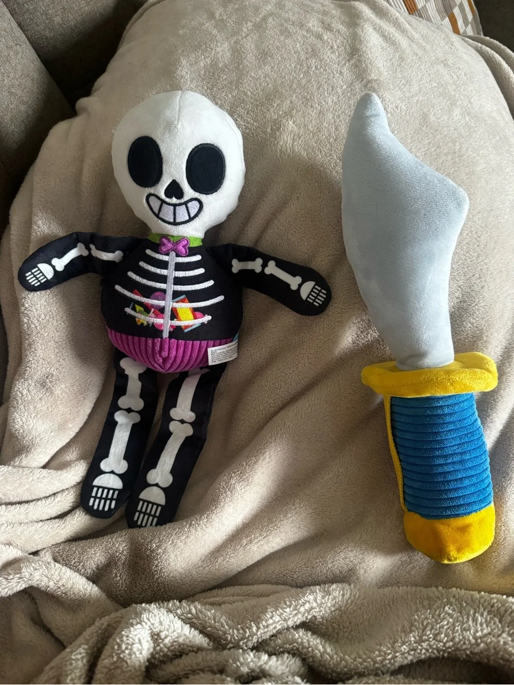Plush Skeleton Doll with Colorful Outfit - Black, White, Pink