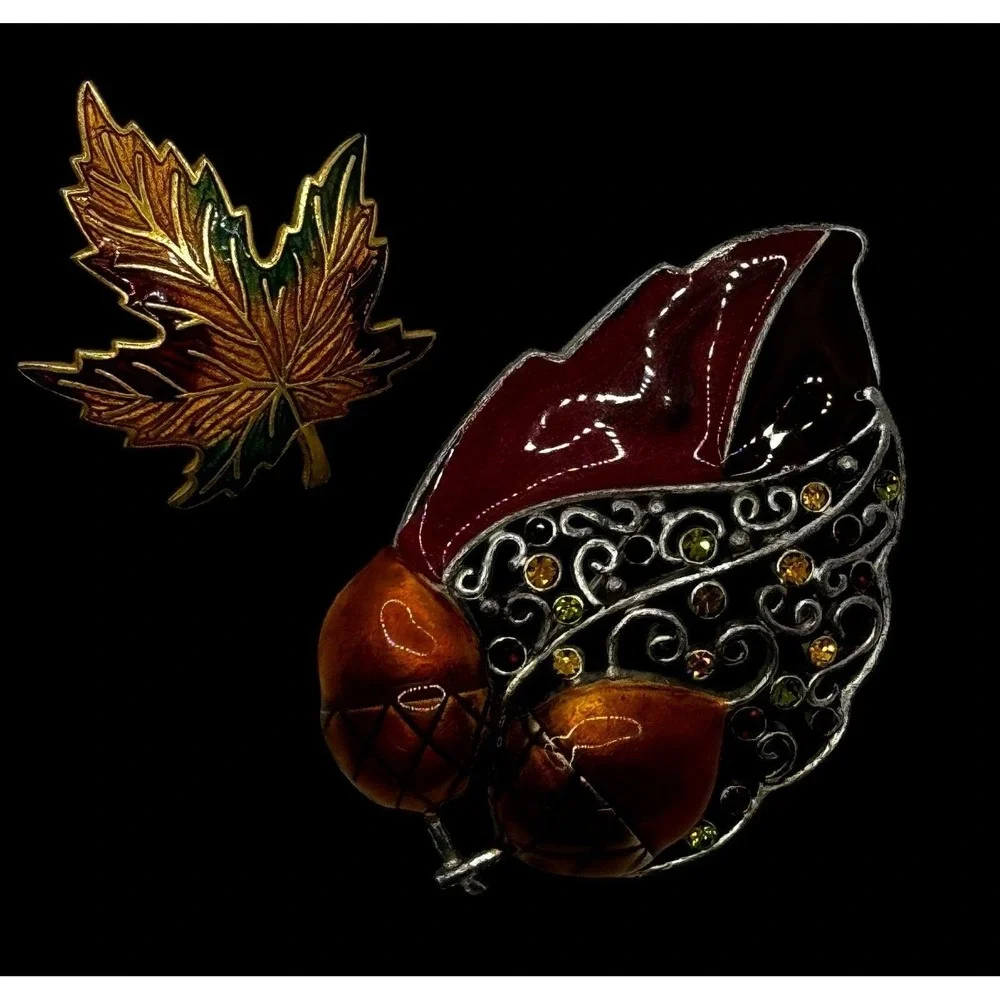 Vintage Double Acorn Leaf Brooch Pin Enamel Autumn Fall Thanksgiving Silver Gold