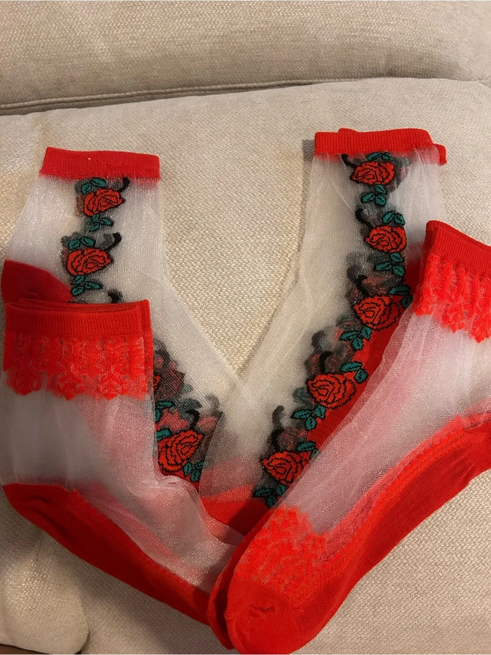 Sheer Red Ankle Socks with Embroidered Rose Trim
