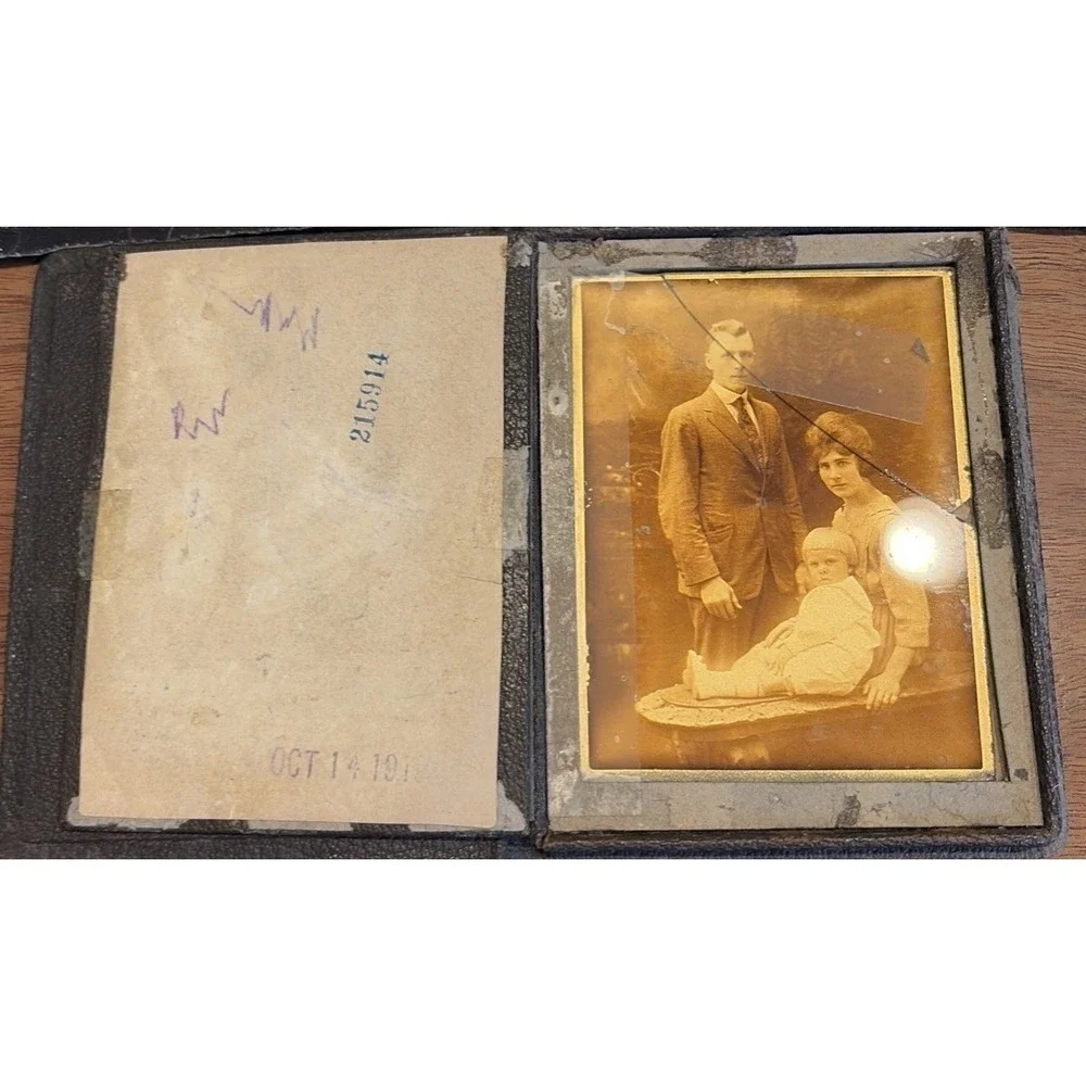 Antique Glass Plate Photograph Family Portrait In Leather Case c1920 Sepia Photo