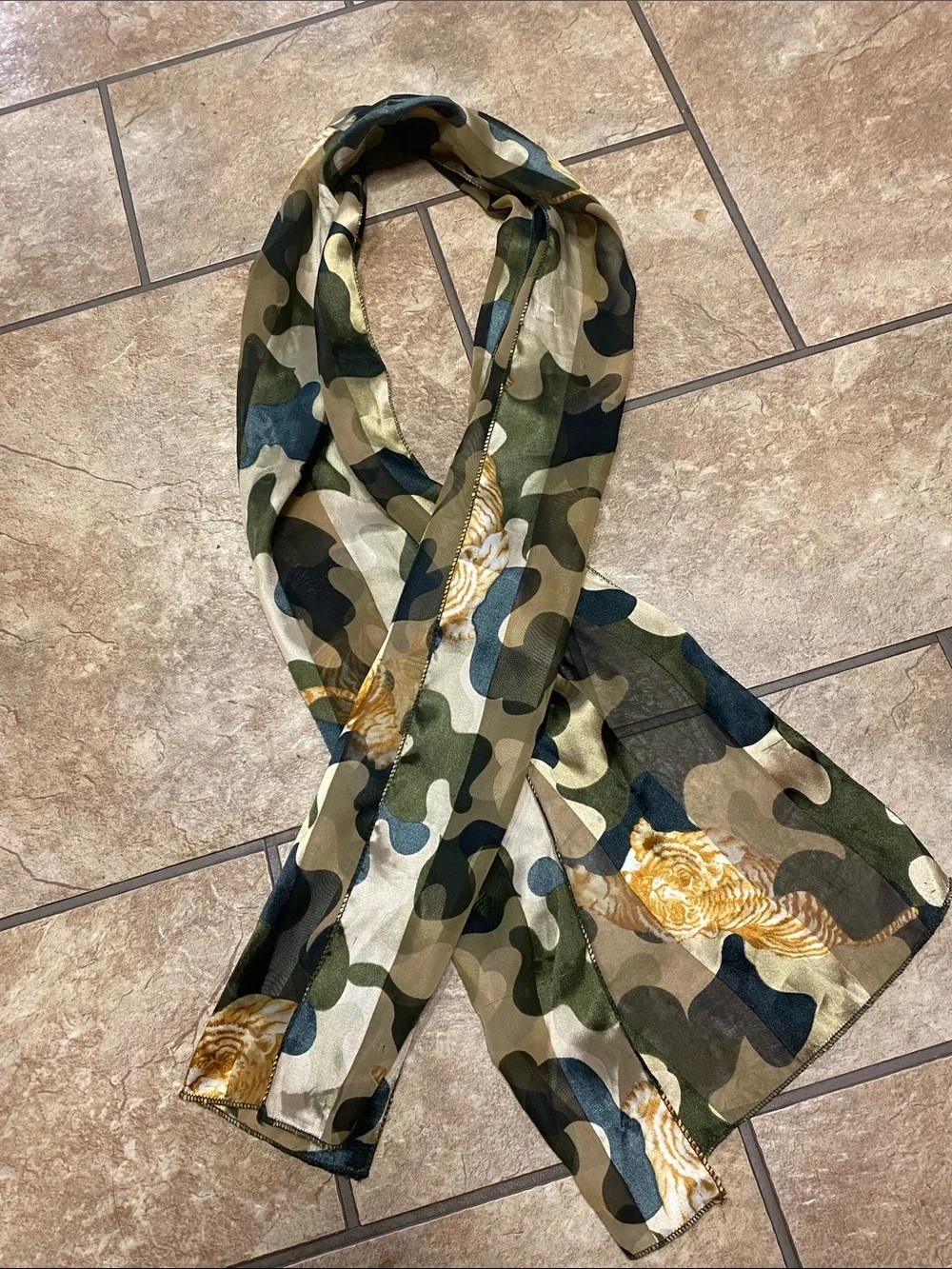 Camouflage Scarf with Tiger Motif - Green, Tan, Black Spring Layering