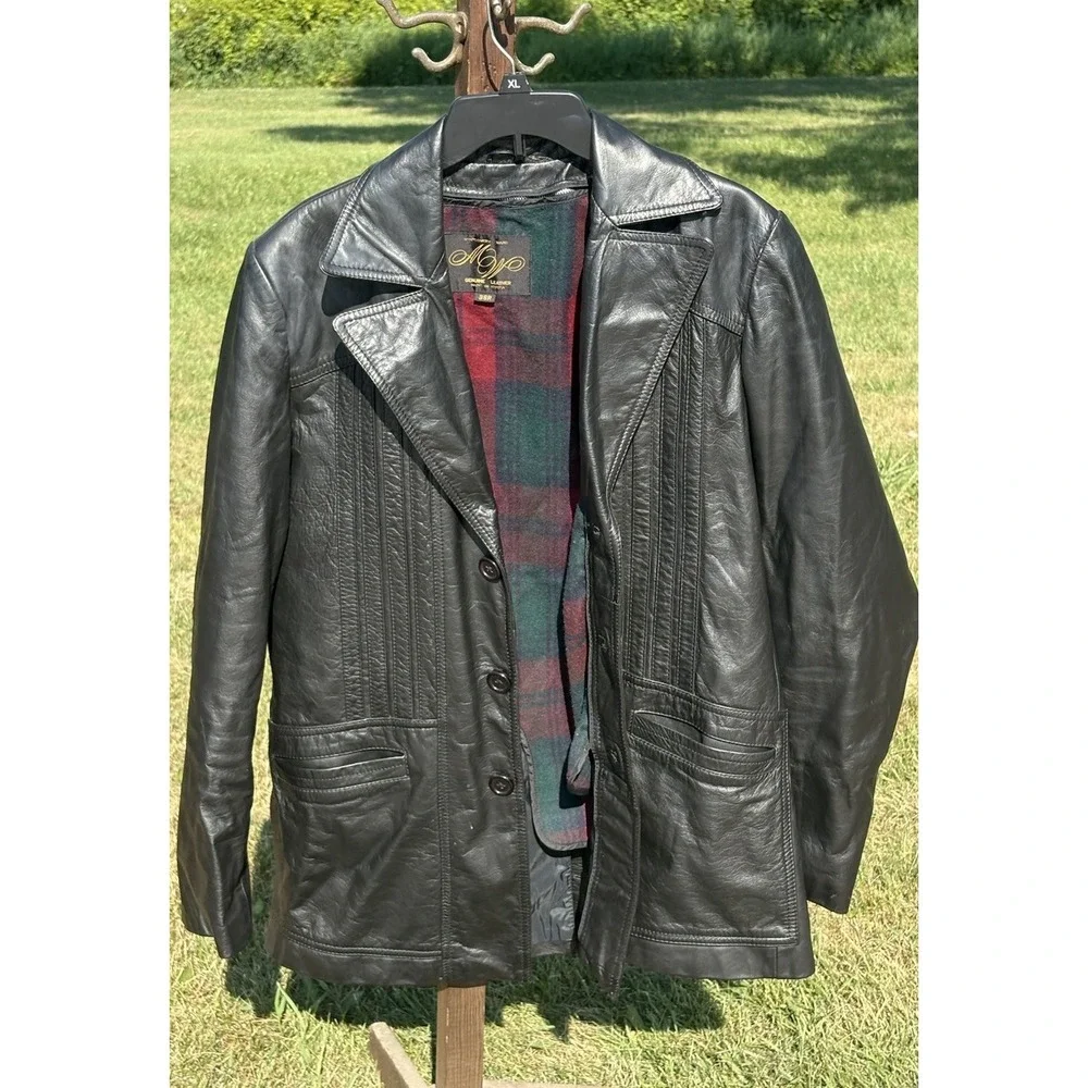 VTG Montgomery Ward Mens Black Leather Red Flannel Lined Peacoat 38R Jacket