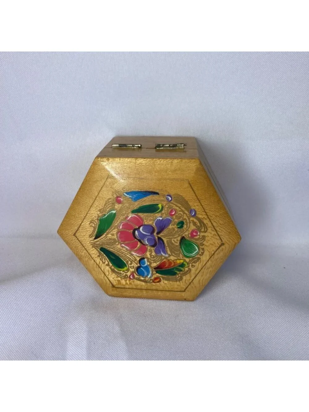 Vintage Polygon Shaped Wooden Trinket Box Painted Lacquer Floral Folk Art  1970s