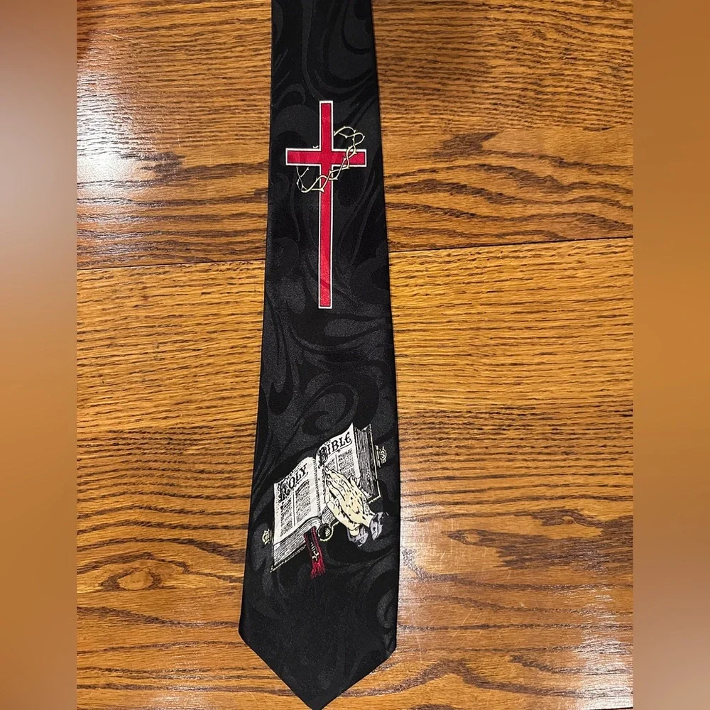 Black‎ Tie with Red Cross and Bible Design