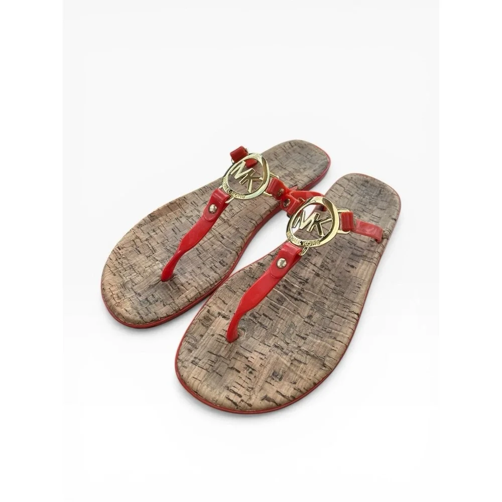 Michael Kors Orange Jelly T-strap Sandals & Cork Footbed SZ 8 Women's Flip Flops