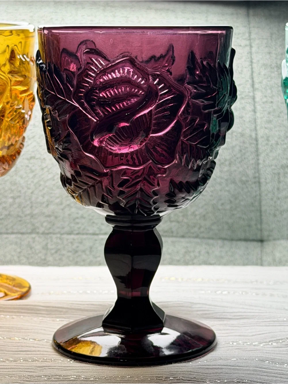 Vintage Madonna Inn Wild Rose Goblets Set of 5 Assorted Colors Pressed Glass 5”