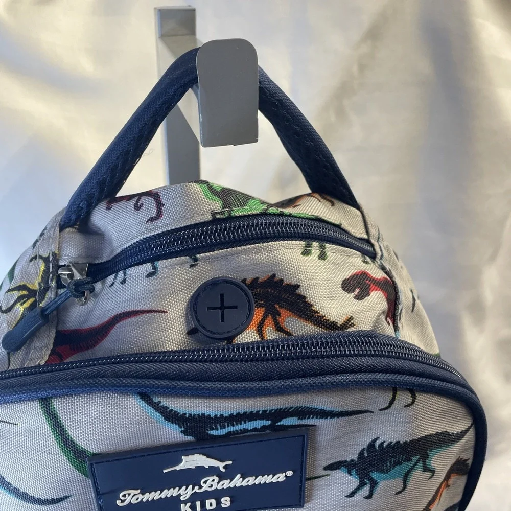 Tommy Bahama Kids Backpack Bag Navy Blue/Grey Colorful Dinosaurs 4 Zip‎ Pockets