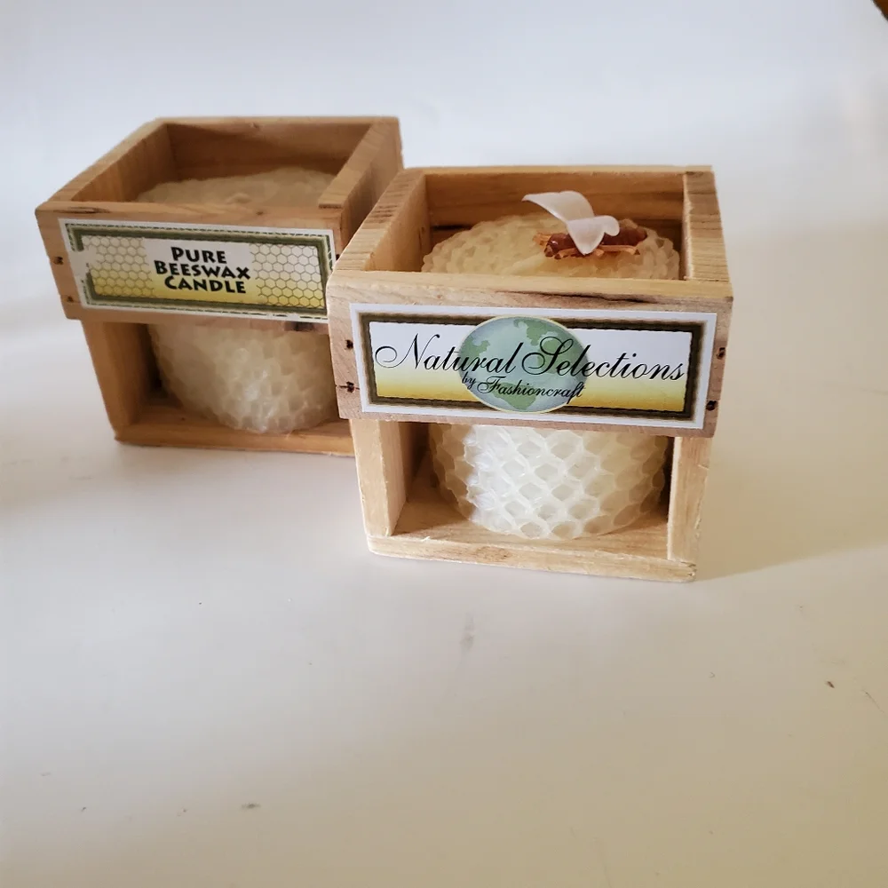 2‎ Natural Selections 100% Beeswax Candles in Mini Crates w Tiny Bee Cottagecore