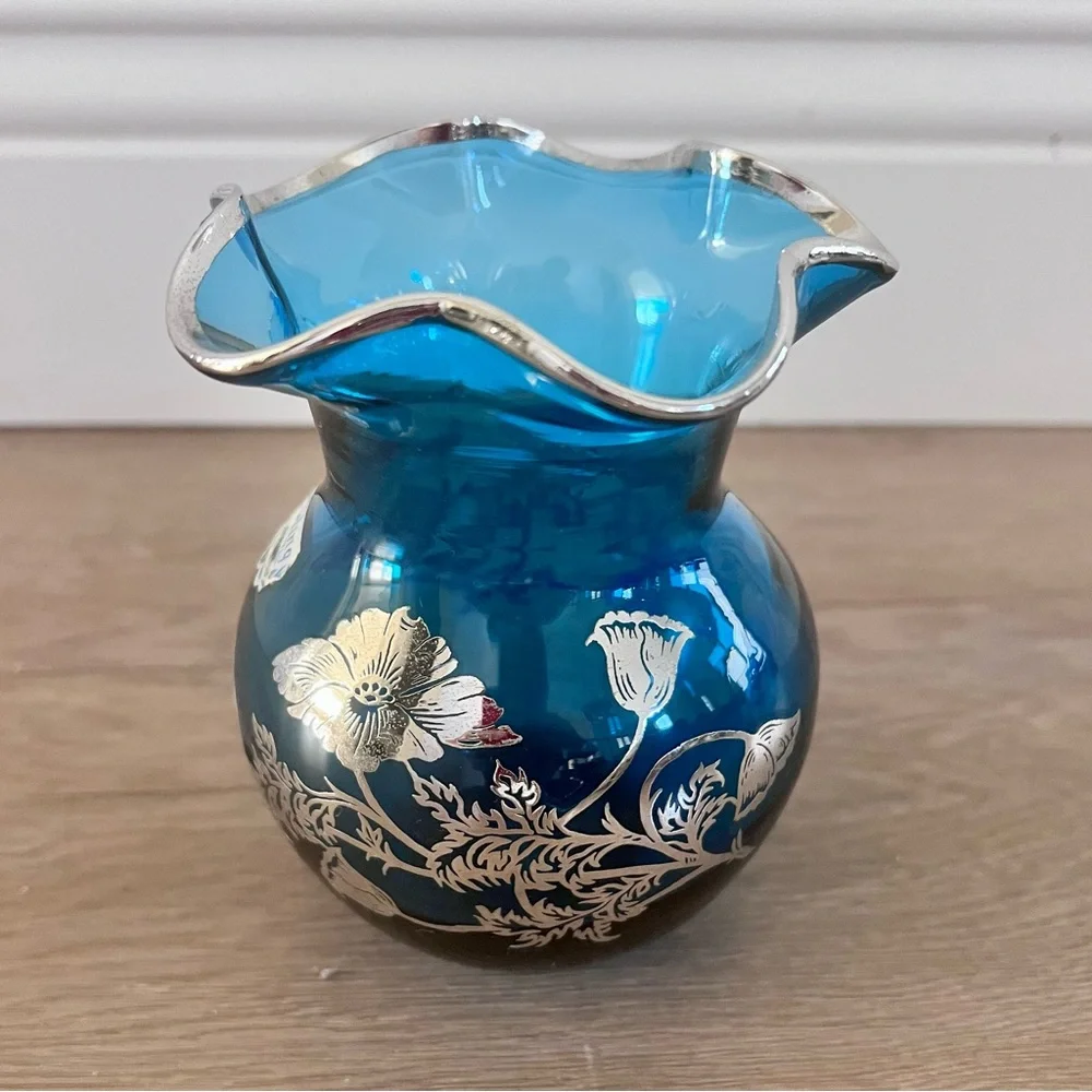 Vintage Hand Blown Silver City Glass - Sterling Silver Overlay‎ Blue Vase - RARE