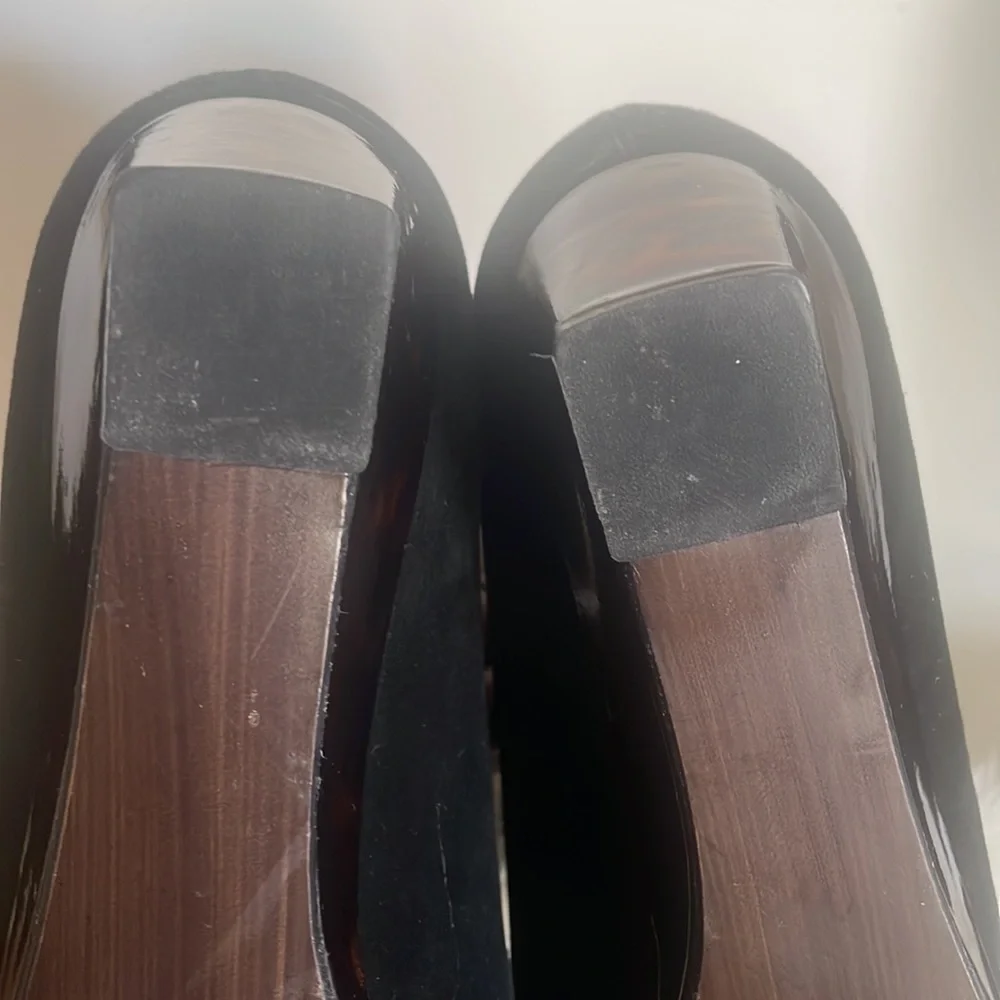 Stuart Weitzman wedge flat brown marble patent and black suede vintage Sz 9M