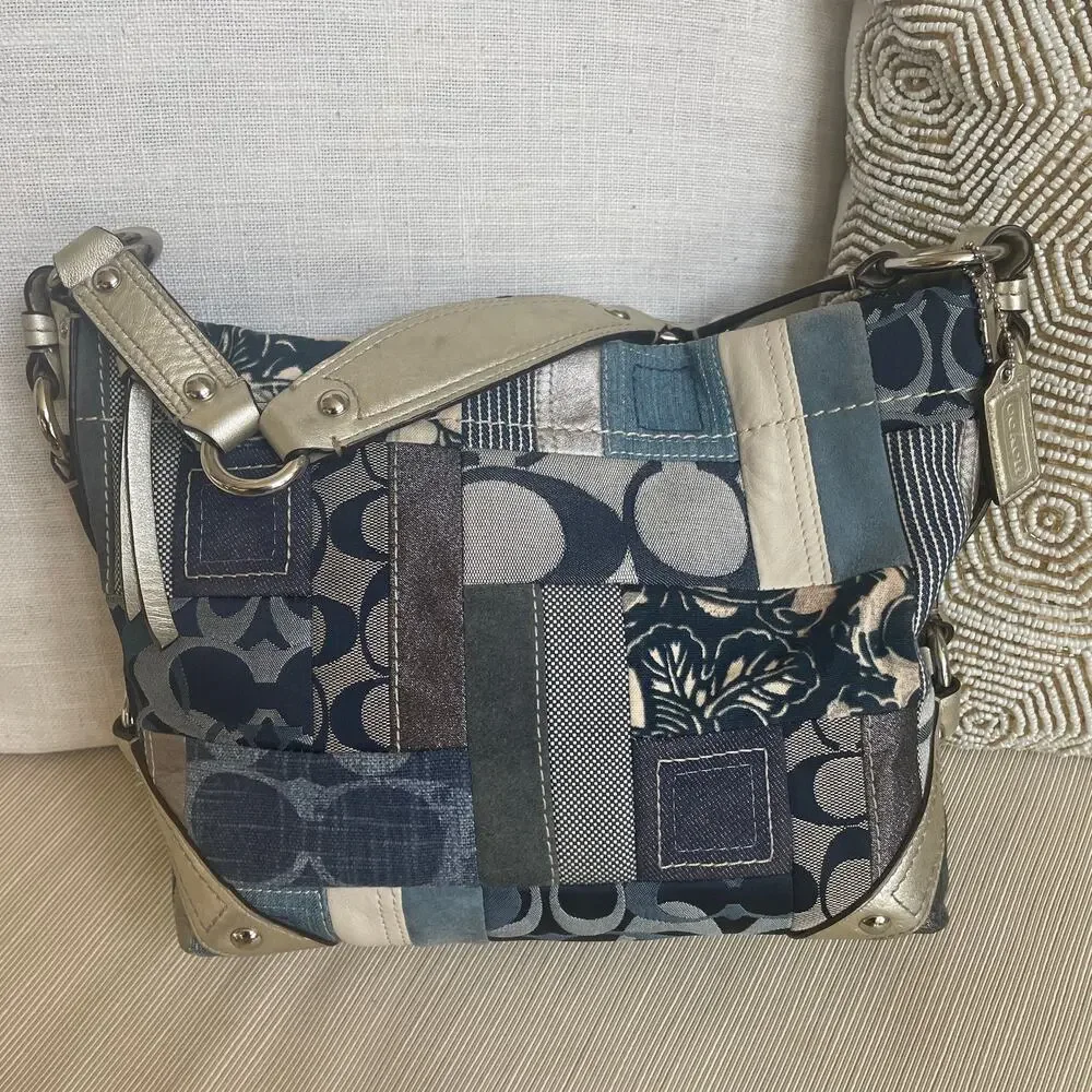 Rare Coach Signature Denim Patchwork Hobo F13721 Blue Multi Y2K Shoulder Bag
