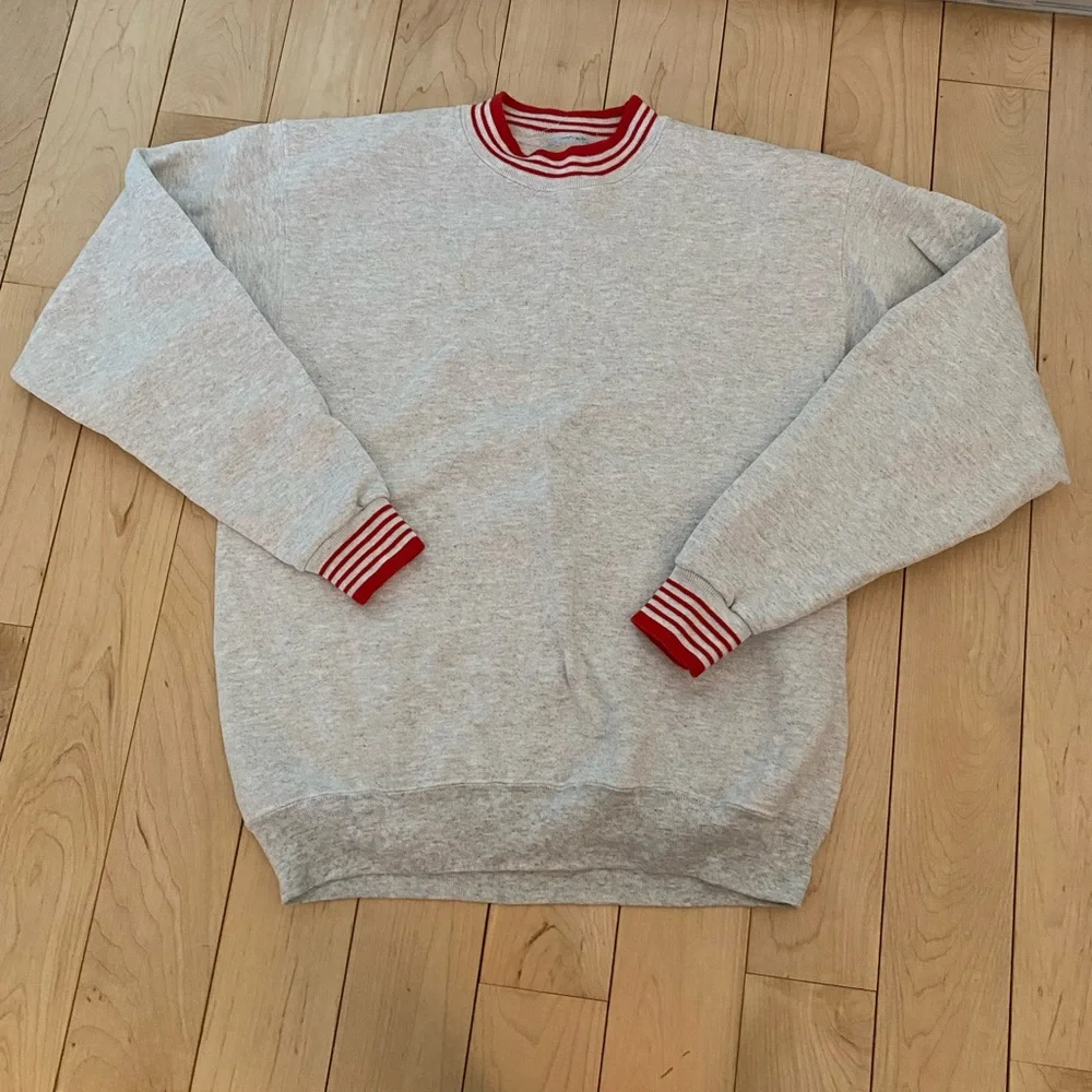 Oneita Vintage Gray Crewneck Sweatshirt with Red Trim Size Large