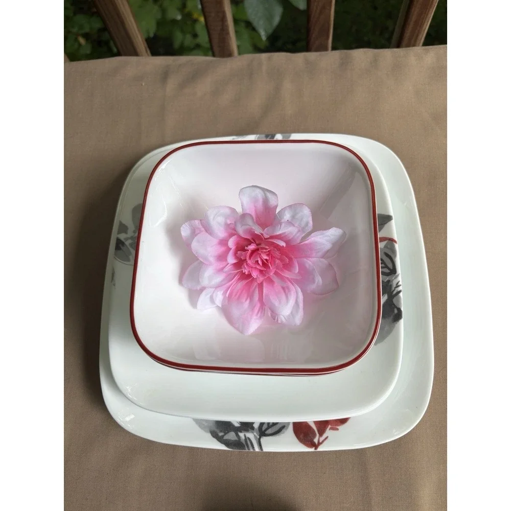 Corelle Kyoto Leaves 15 Pc Square Set 3 Dinner Plates 4 Luncheon 4 Bowls 4 Mugs