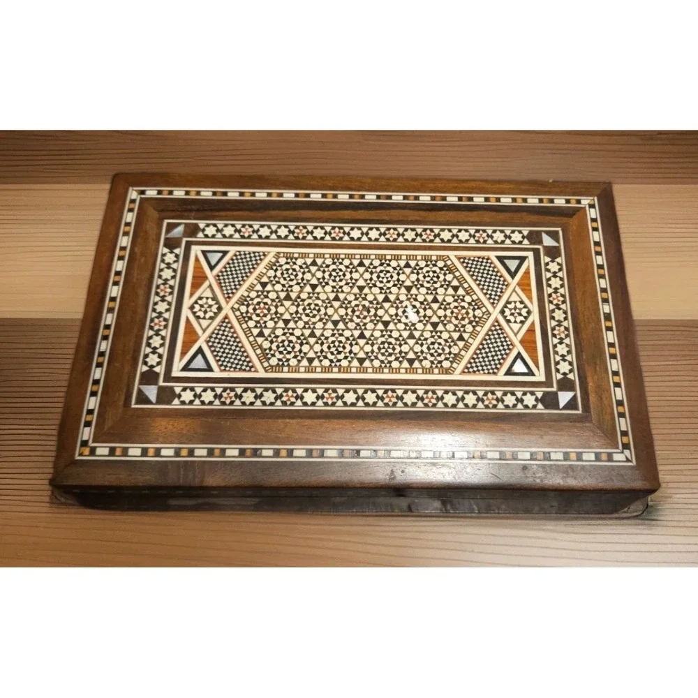 Vintage Wooden Inlay Marquetry Hinged Trinket Jewelry Box Geometric  9
