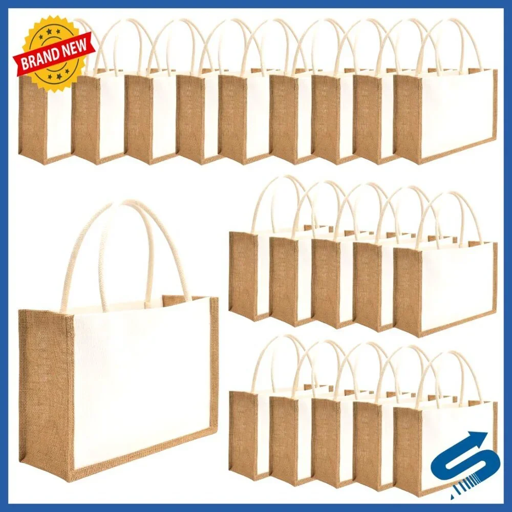 Reusable Jute Tote Bags Water Resistant Beach Grocery DIY Blank Canvas