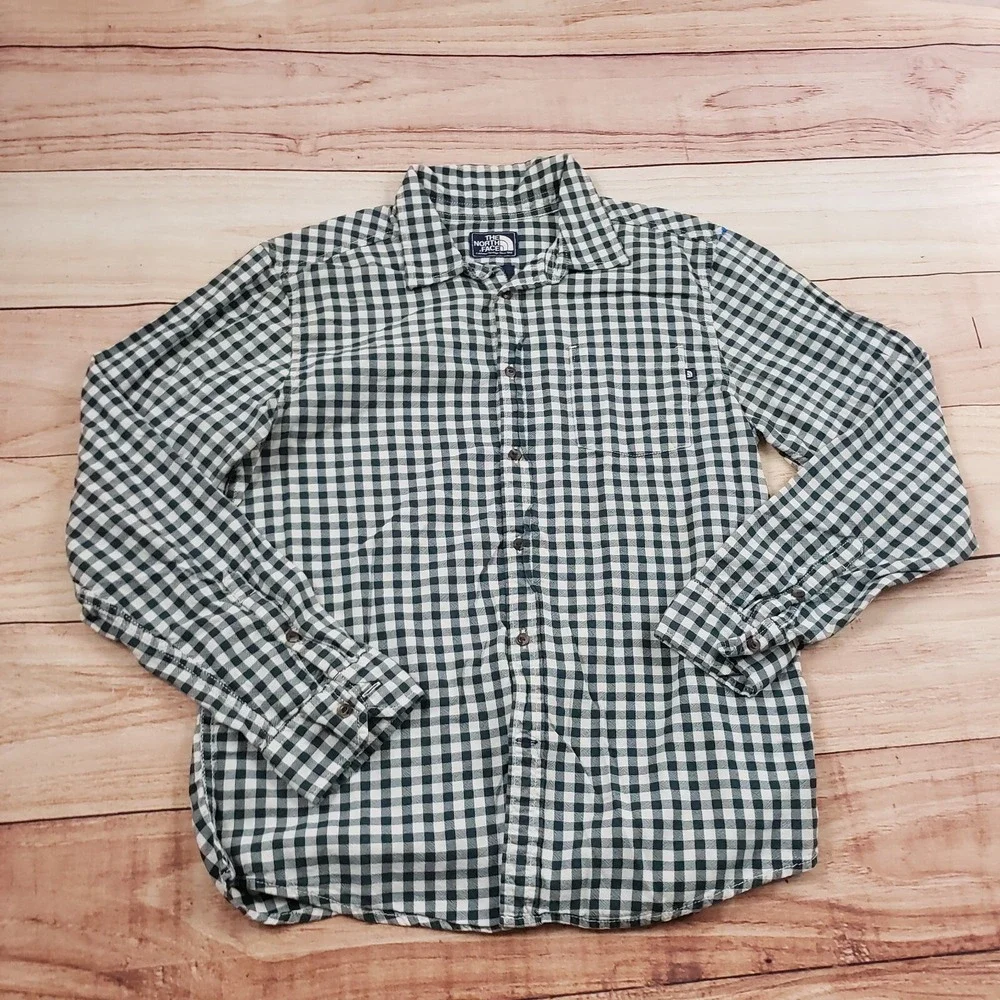 North Face Mens Large Green White Outdoors Button Up Casual Hiking‎ Cotton Adult