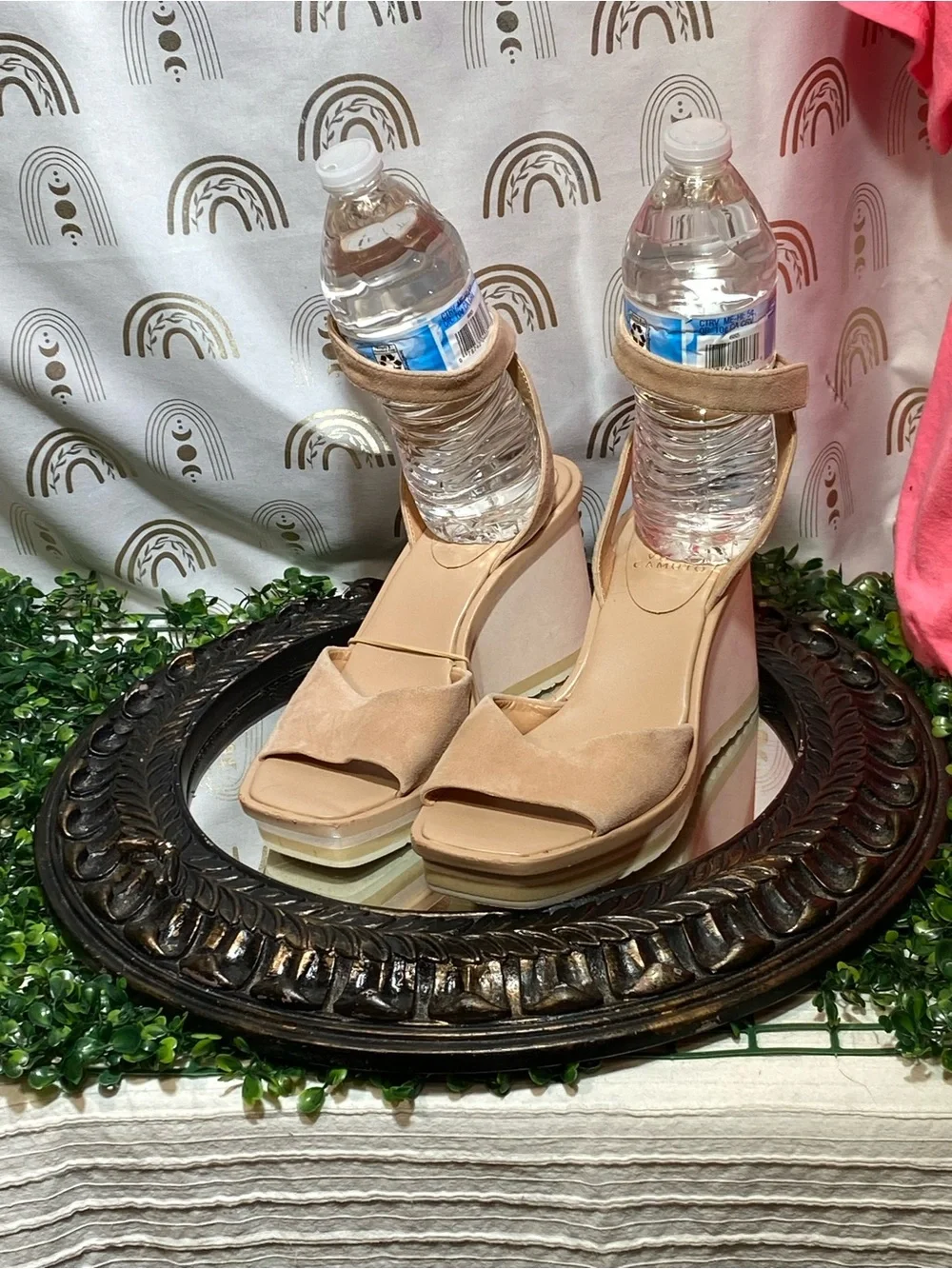 Vince Camuto Nude/Tan Suede Wedge Sandals with Ankle Strap