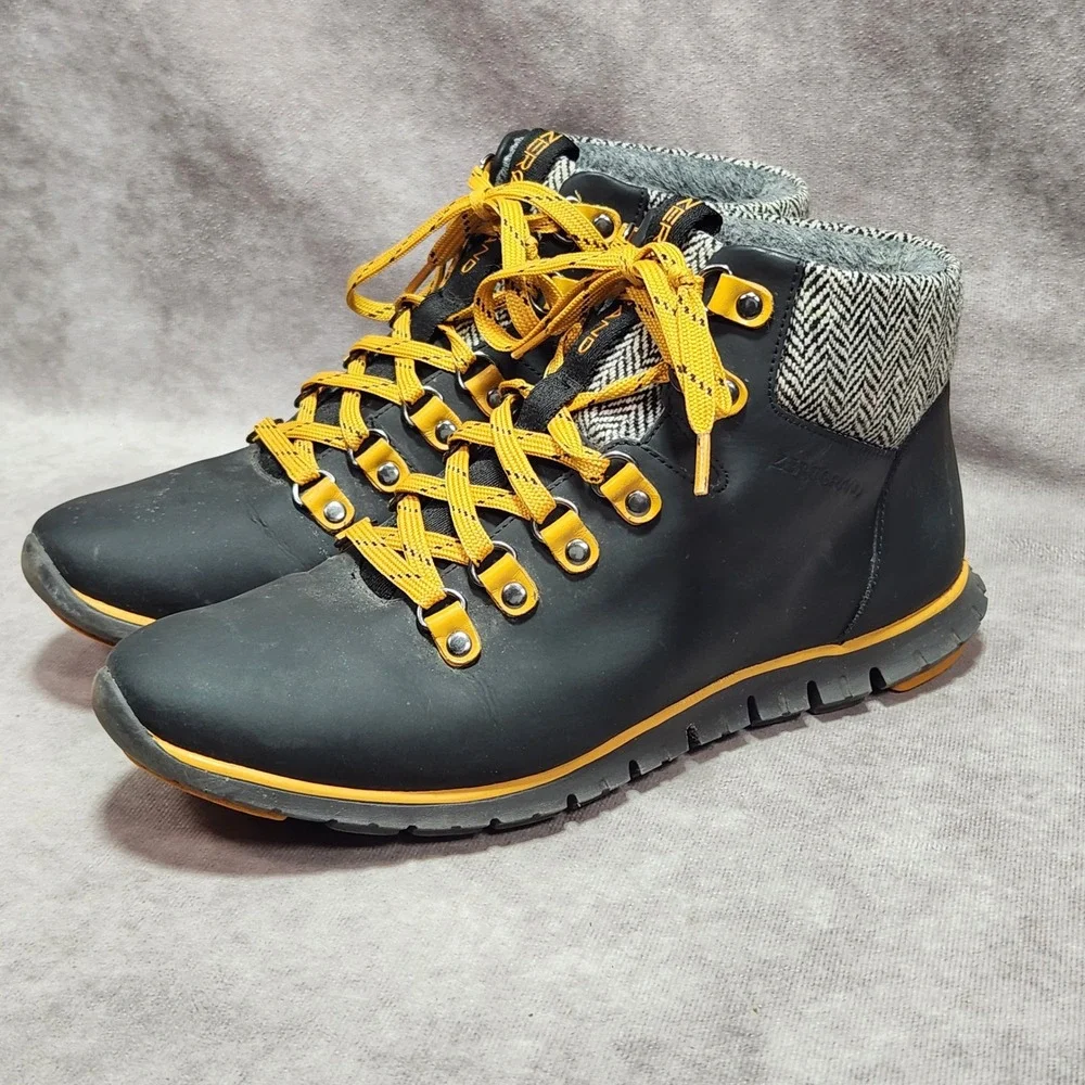 Cole Haan Zerogrand Waterproof Hiking Boots Black Yellow Herringbone W04238 9B