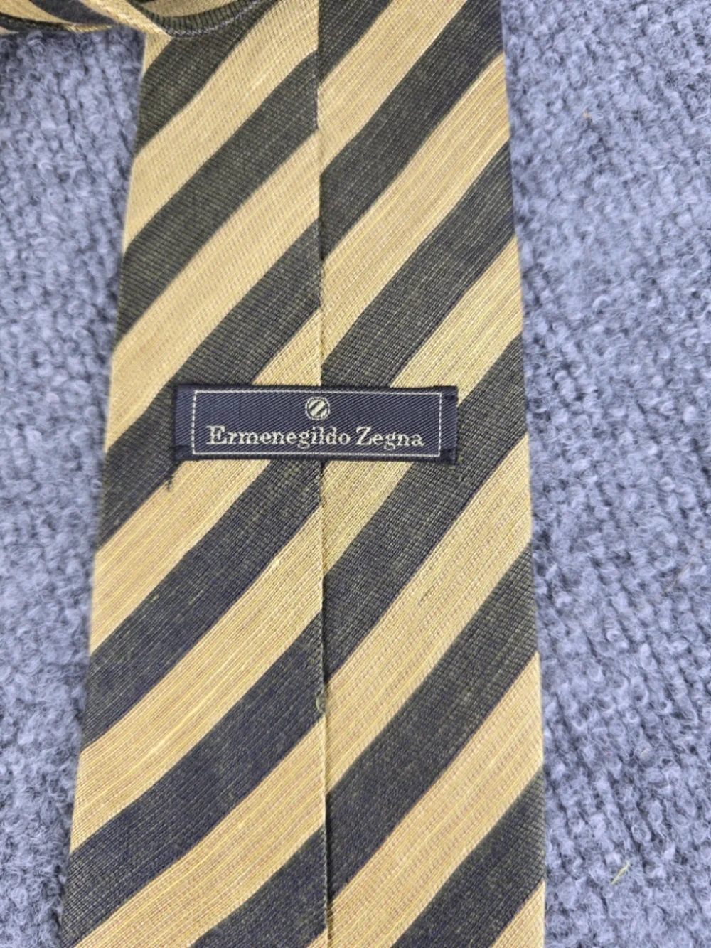 Ermenegildo Zegna Silk Linen Striped Tie Muted Gold Charcoal Grey Made In Italy