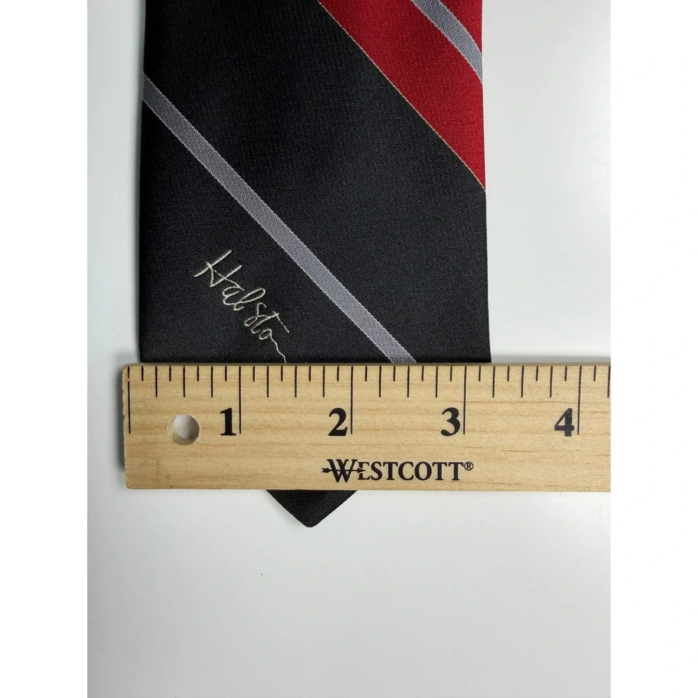 Halston Mens Necktie Black Red Grey Diagonal Stripe Silk Blend Designer Tie