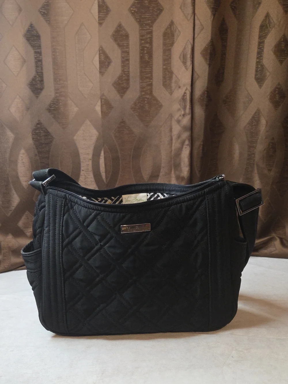 Vera Bradley Black Quilted Shoulder Bag with Adjustable Strap-Strap Has Fading