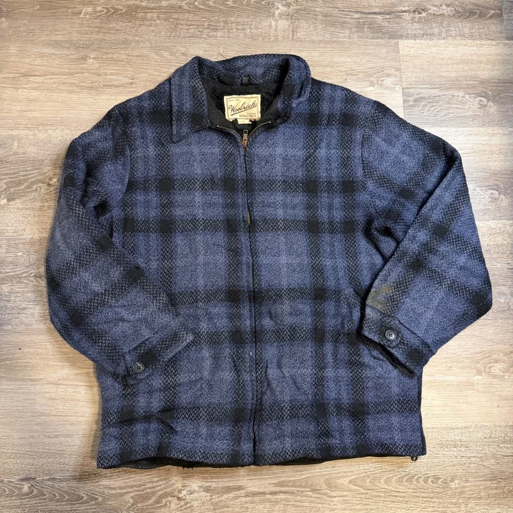 Woolrich Mens Blue Black Plaid Sherpa Lined Full Zip Jacket Made in USA Size M
