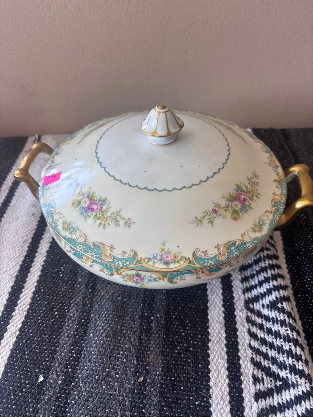 Floral Covered Porcelain Tureen with Gold Handles