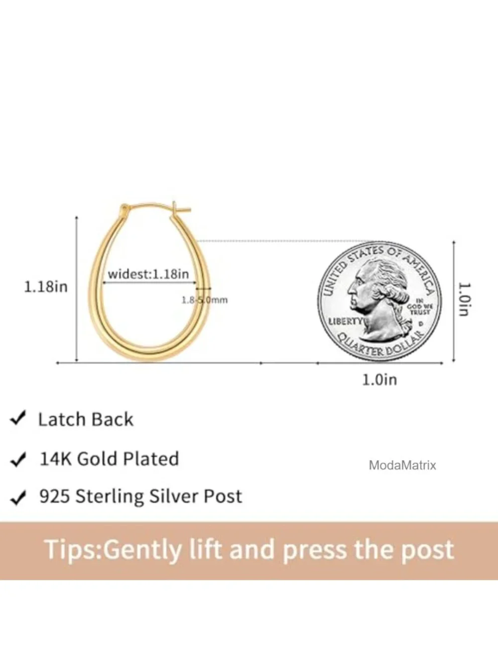 Chunky Oval Hoop Earrings, 14K Gold Plated, 925 Sterling Silver Post,