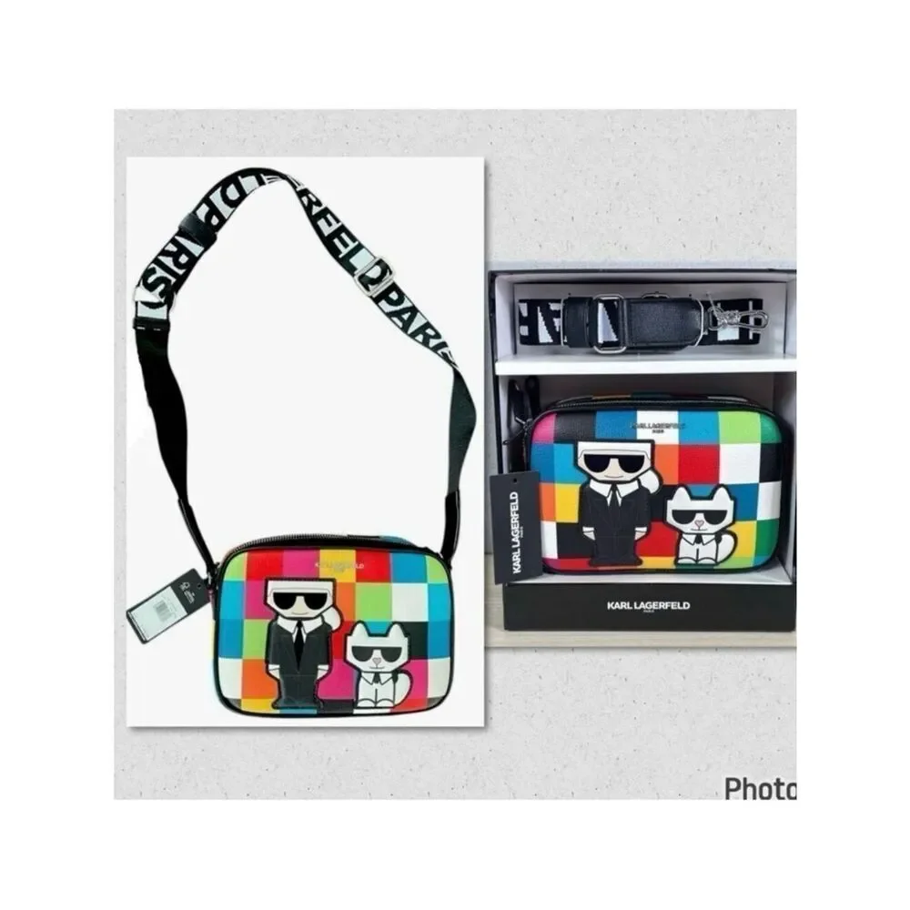 NWT Rare KARL LAGERFELD Cat Maybelle Camera Multi Color Crossbody Bag Gift  Box
