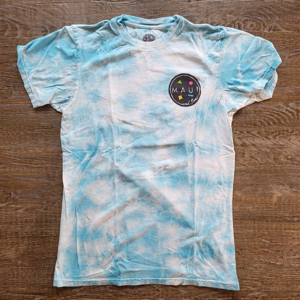 Maui and Sons Shark Graphic Tie Dye T-Shirt Blue White Mens Small Surf Retro