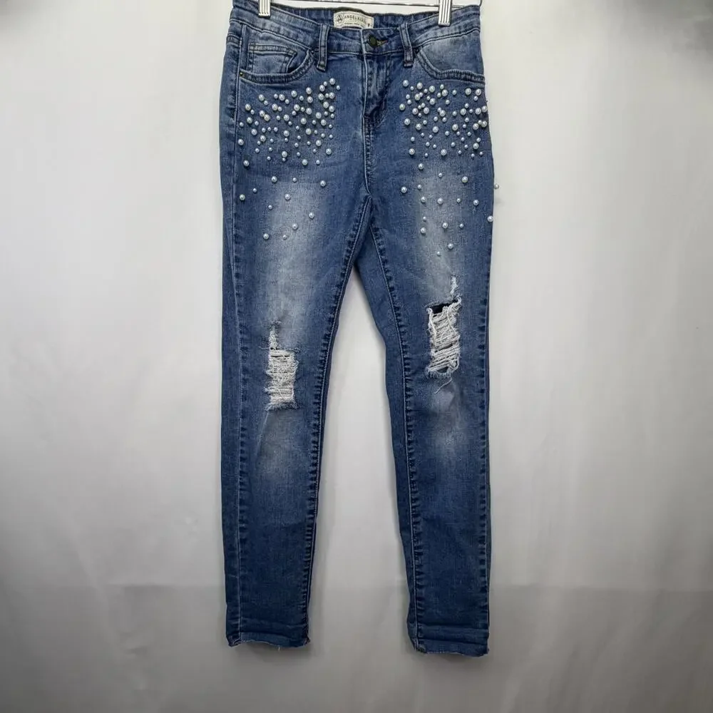 Angel Kiss Pearl Detail Jeans Women Juniors 7 Blue Skinny Destructed Rolled Cuff