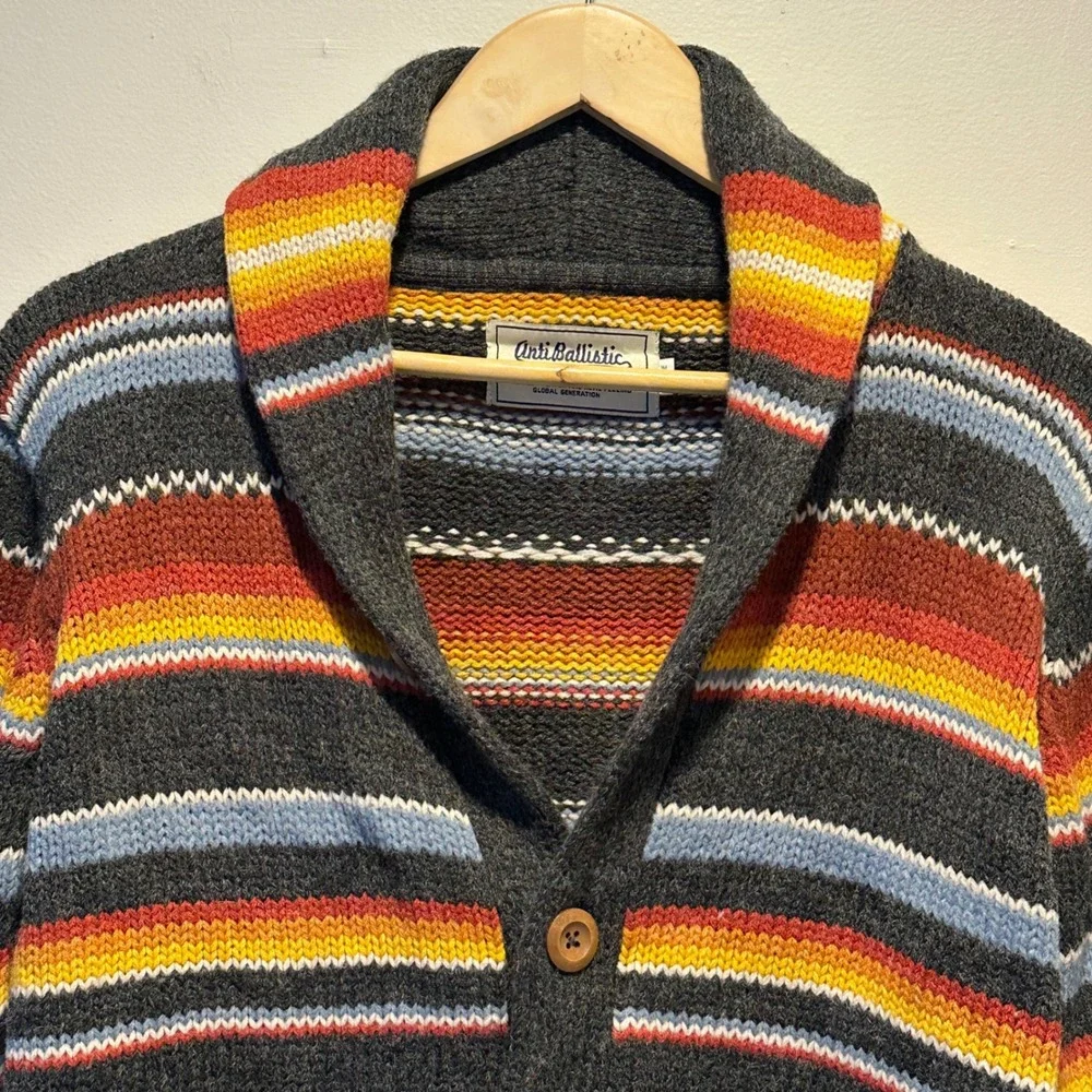 Vintage AntiBallistic Cardigan Sweater Men Large Striped Chunky Knit Grandpacore