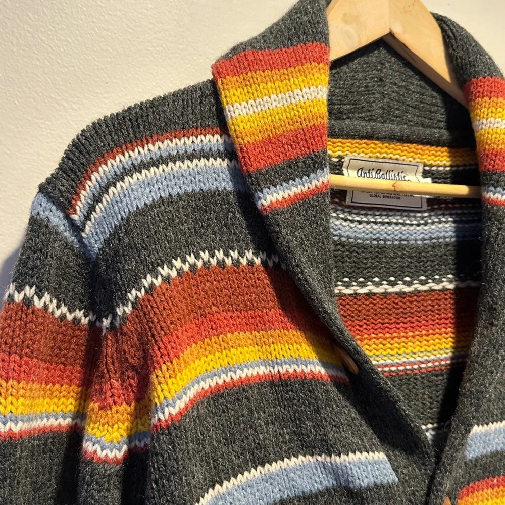 Vintage AntiBallistic Cardigan Sweater Men Large Striped Chunky Knit Grandpacore