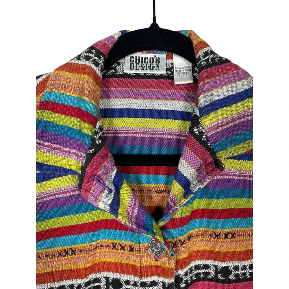 Chicos‎ Design Vintage Striped Cotton Button Down Jacket Sz 0 Small Boho Hippie