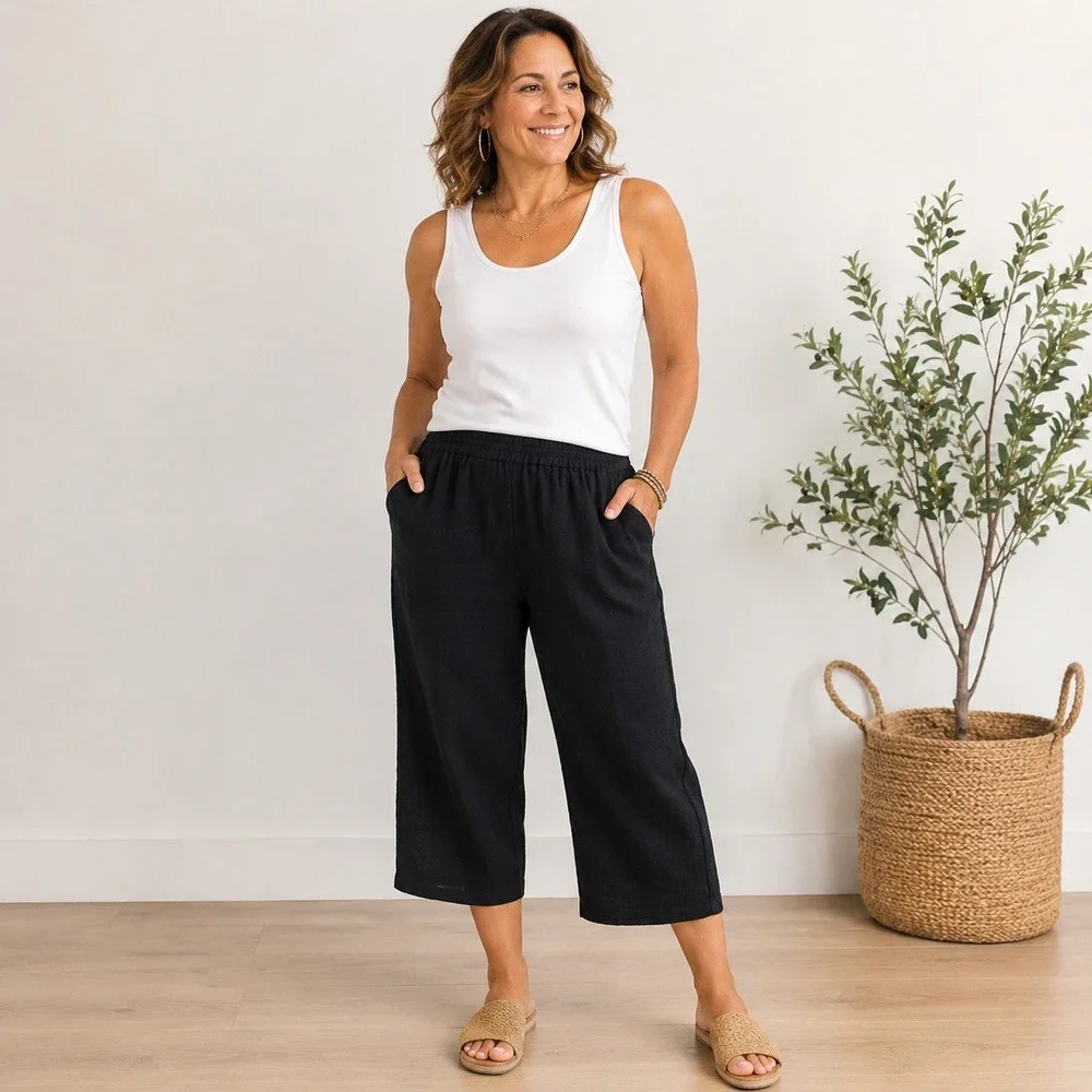Fridaze Black 100% Linen Straight‎ Leg Elastic Waist Crop Pants Large Hong Kong