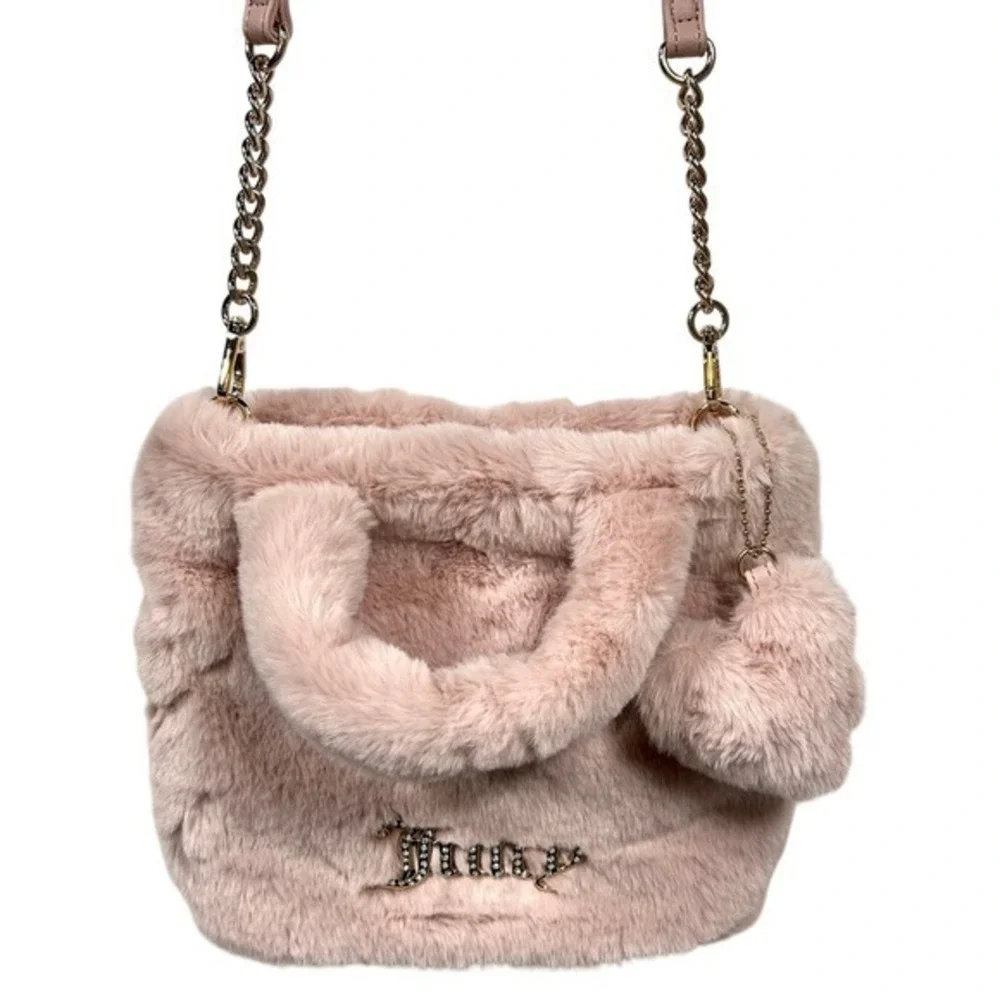 Juicy Couture Fluffy Mini Tote Bag Purse Handbag Blush Pink Bling Heart Spellout
