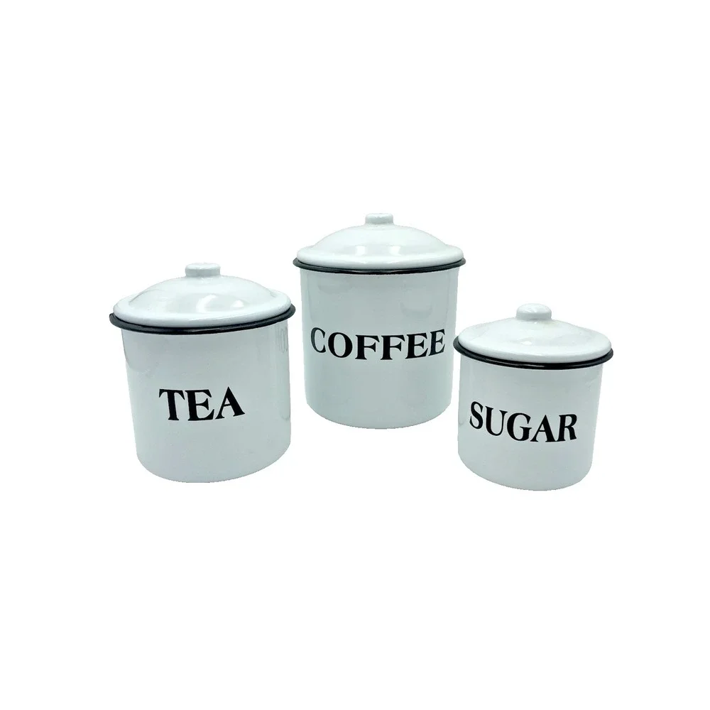 Farmhouse Coffee Tea Sugar White‎ Black Enamelware Canister Set Metal Cottage