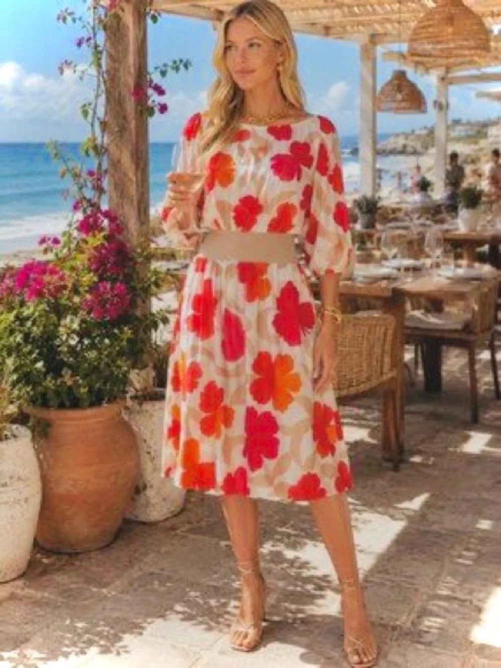 Anthropologie Floral Puff-Sleeve Midi Dress in Cream with Red & Orange Print