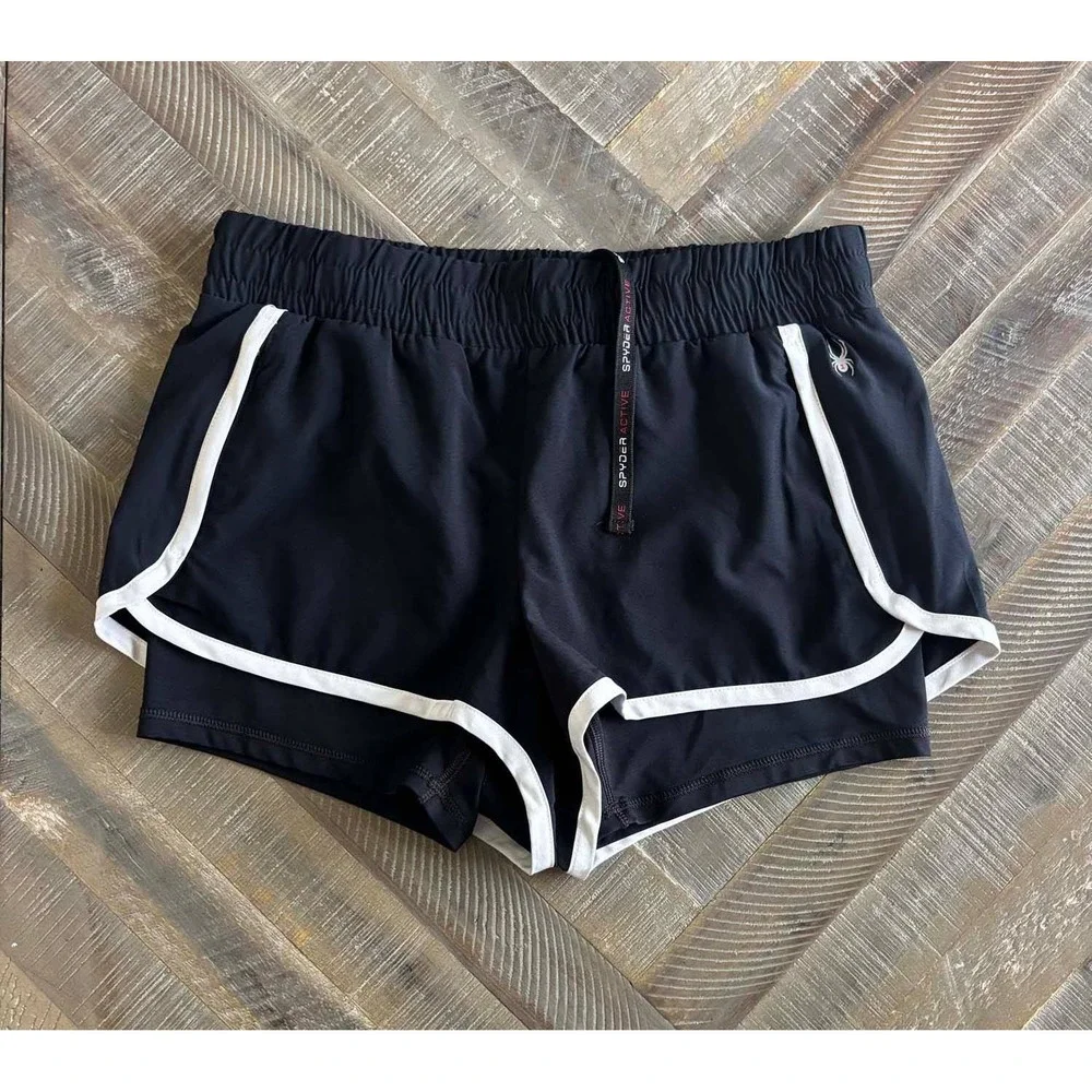 Spyder Active Womens 2-in-1 Running Shorts Black White Size S Athletic Gym