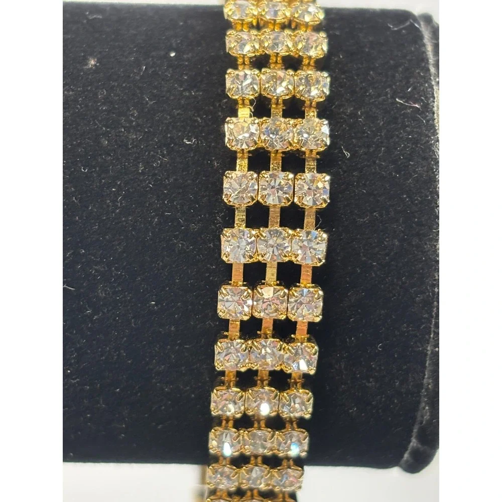 Vintage Gold Tone Bracelet Clear Rhinestone‎ Triple Row Elegant Jewelry