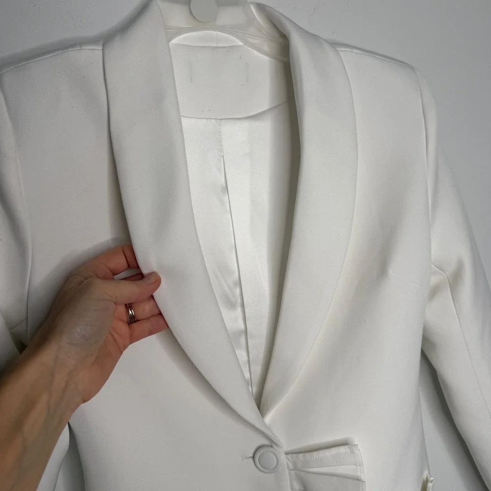 M13 White Ruffle‎ Trim Blazer Dress Shawl Collar Long Sleeve Pleated Mini Jacket