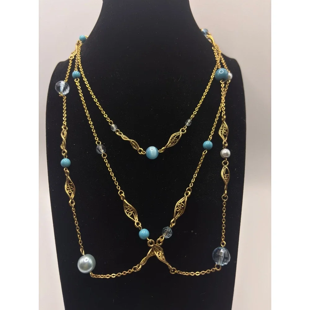 Candies Gold Tone Station Necklace Turquoise Blue Beads Faux Pearl Filigree 42in